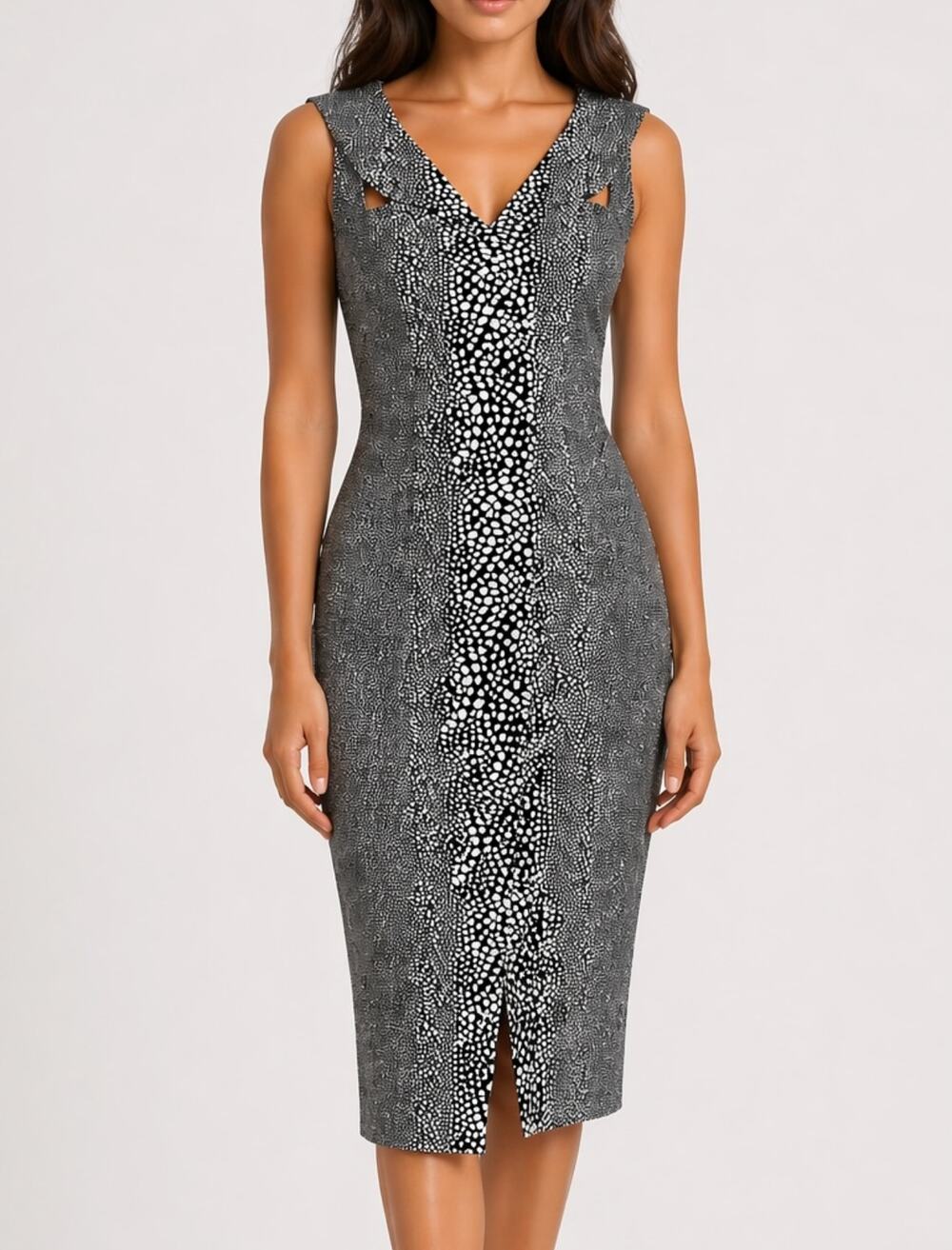 Antonio Berardi Sheath Dress Printed Dot V-Neck Cut Out Sleeveless Midi Black